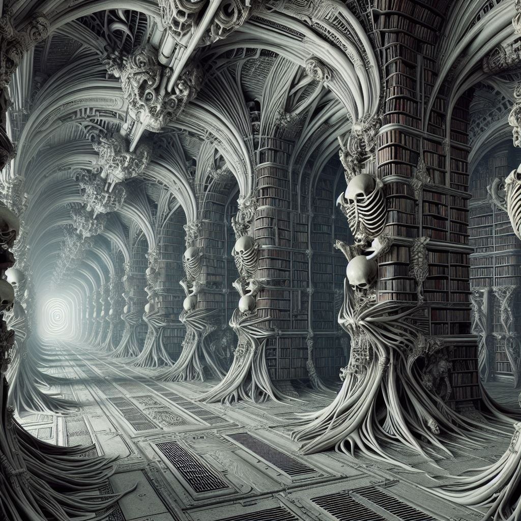 The Library of Babel in the style of Hans Ruedi Giger -Courtesy of 'www.bing.com'- (La bibliothèque de Babel à la façon de Hans Ruedi Giger -Remerciements à 'www.bing.com'-)